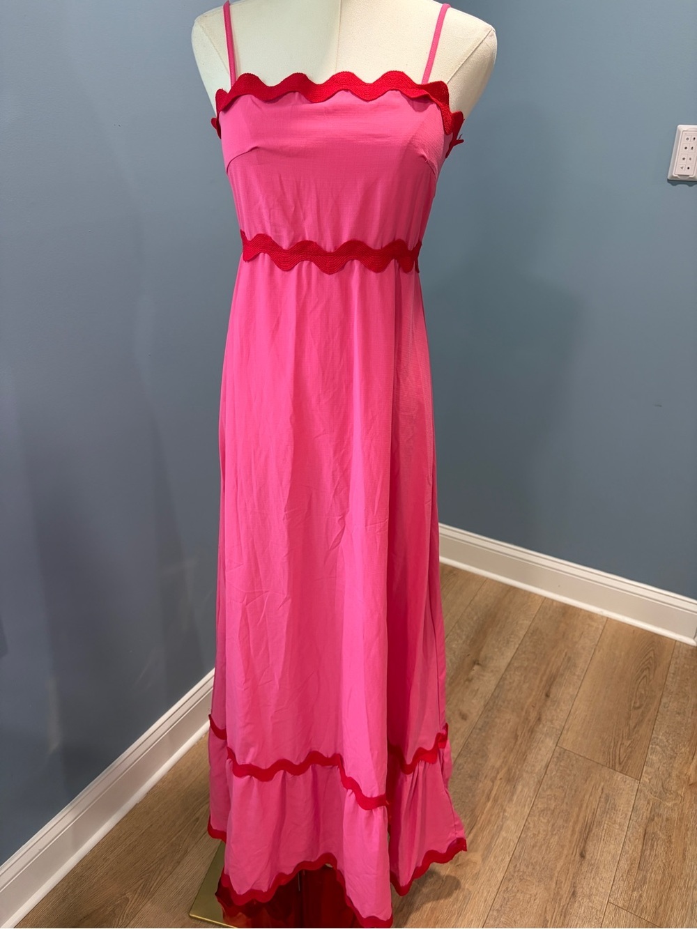 Pink Ric Rac Trim Maxi Dress Smocked Back Spaghetti Strap Small